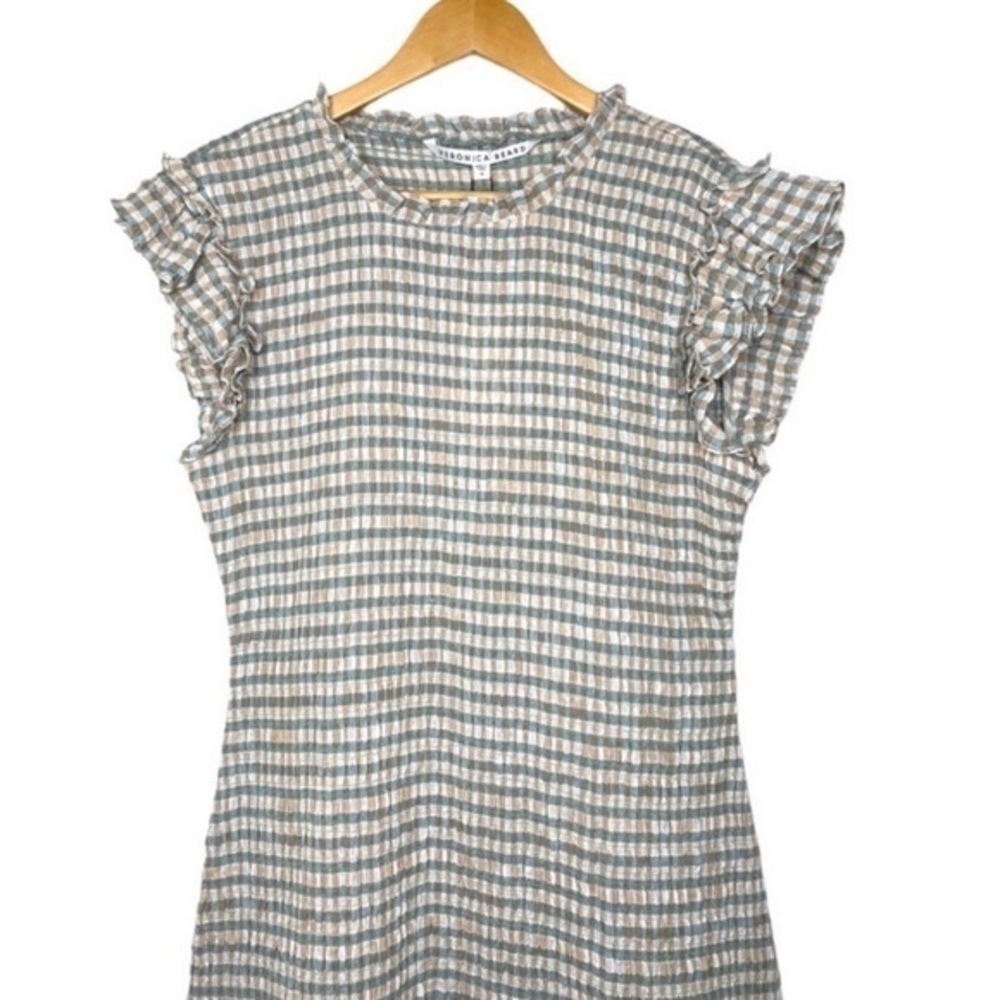 Veronica Beard Cici Smocked Seersucker Plaid Mini Mint Beige Dress NWT - Picture 3 of 16